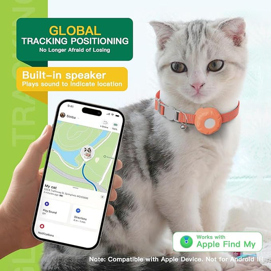 Cat Tracker Collar,No Monthly Fee Tracking Pet Collar with Finder Tag,Compatible with Apple Find My(iOS Only),Breakaway Tractive Design with Reflective Pattern & Bell,Orange