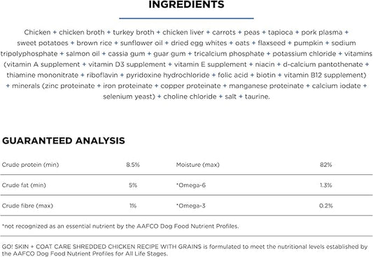 GO! SOLUTIONS Skin + Coat Care Wet Dog Food - Shredded Chicken Recipe with Grains - Complete & Balanced Nutrition for All Life Stages, 12.5 oz (Pack of 4)