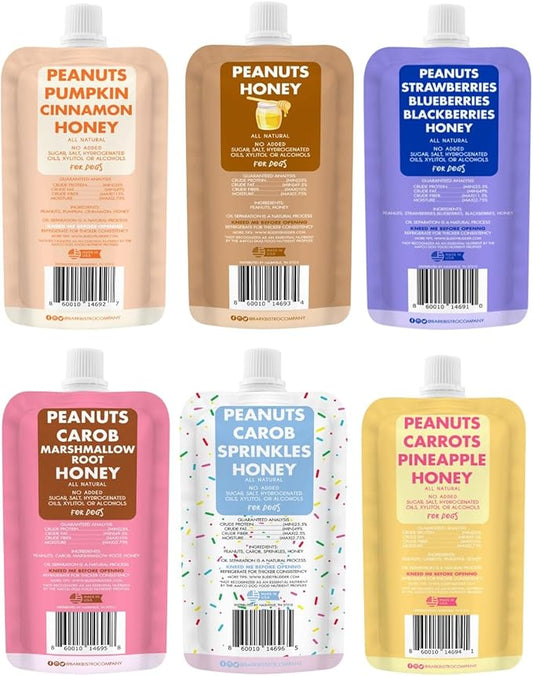 BUDDY BUDDER 6 Pack Mixed Flavor Squeeze Packs, 100% Natural Dog Peanut Butter, Healthy Peanut Butter Dog Treats, Made in USA, (4oz Packs)