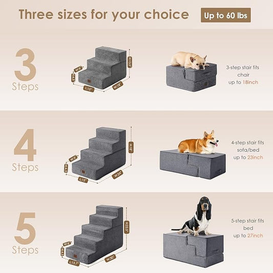 EHEYCIGA Dog Stairs Ramp for Small Dogs 13.5" H, 3-Step Dog Steps for Couch Sofa and Chair, Pet Steps for Small Dogs and Cats, Non-Slip Balanced Dog Indoor Ramp, Grey