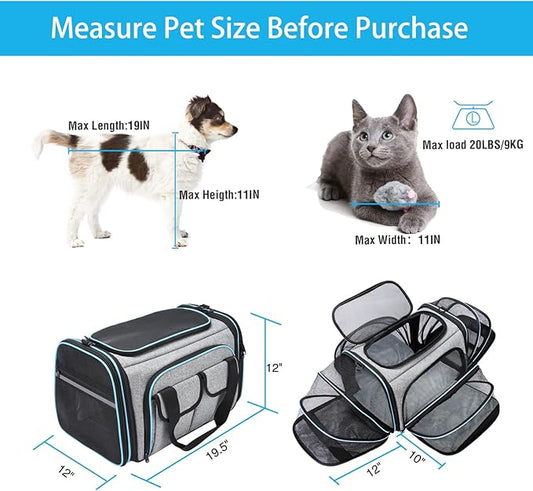 Airline Approved Pet Carrier, Large Soft Sided Pet Travel TSA Carrier 4 Sides Expandable Cat Collapsible Carrier with Removable Fleece Pad and Pockets for Cats Dogs and Small Animals