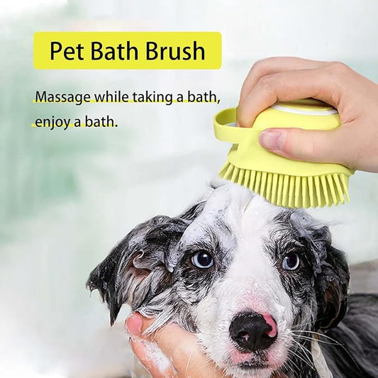 Dog Bath Brush, Dog Grooming Brush - Silicone Cat Shampoo Comb, Shampoo Dispenser for Kitty and Puppy (Yellow)