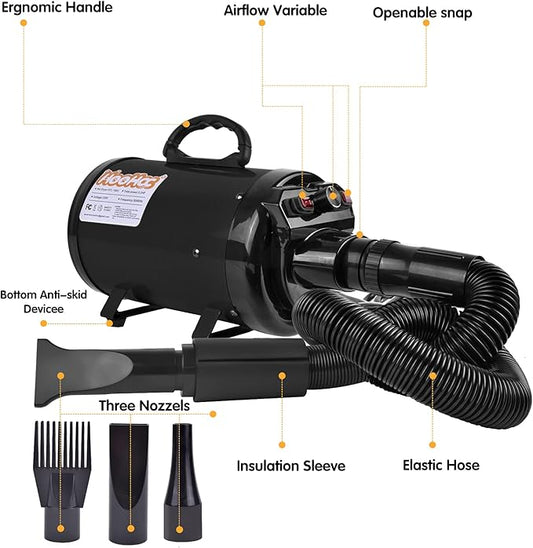 Dog Dryer, High Velocity Dog Hair Dryer, Dog Blow Dryer - Groomer Partner Pet Blower Grooming Force Dryer with Heater, Stepless Adjustable Speed, 4 Different Nozzles, Comb & Pet Grooming Glove (Black)