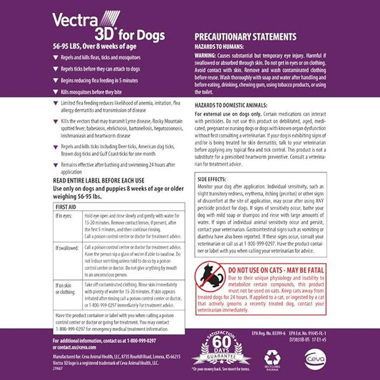 Vectra 3D for Dogs Flea, Tick & Mosquito Treatment & Prevention for Large Dogs (56 to 95 lbs) , 3 month supply