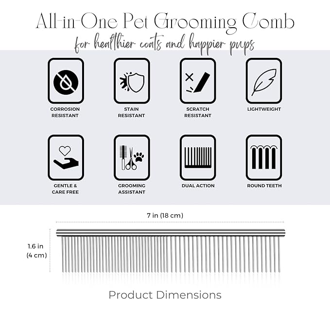 Flexzion Pet Grooming Comb Stainless Steel Cats Dogs Puppy Medium Animals Fur Trimmer Brush Accessory Tool With Smooth Teeth Needle Durable Lightweight -40Mm 1 Medium (40mm)