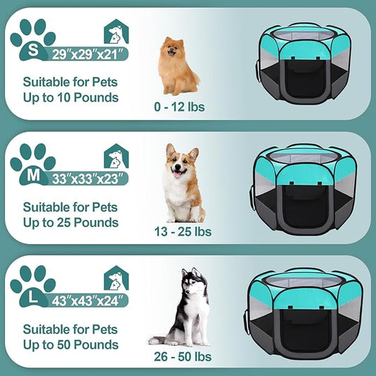 Pet Puppy Playpen for Cat Dog Indoor Outdoor, Foldable Portable Tent, Pop Up Dog Kitten Kennel Playpen with Carrying Case and Bowl,Green,Medium
