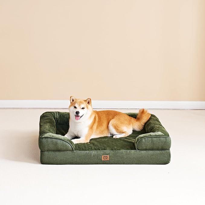 EHEYCIGA Orthopedic Dog Beds for Large Dogs, Waterproof Memory Foam Large Dog Bed with Sides, Non-Slip Bottom and Egg-Crate Foam Large Dog Couch Bed with Washable Removable Cover, Dark Green