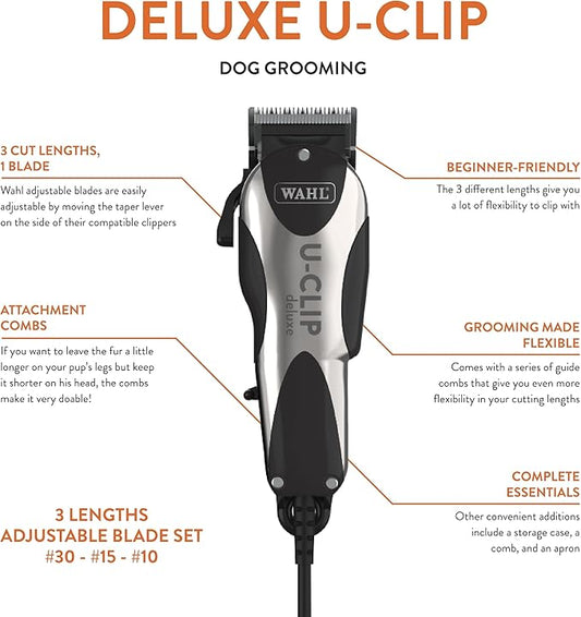 Wahl Pro Animal Deluxe U-Clip - Dog & Cat Trimmer with 3 Cutting Lengths & 7 Attachment Combs - Premium Grooming Tools for Light & Medium Coats - Black & Chrome