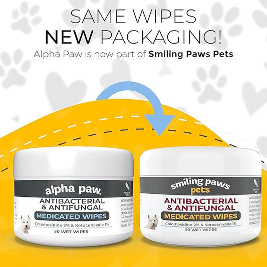 Smiling Paws Pets - Antibacterial & Antifungal Wipe for Dogs & Cats - Contains Ketoconazole & Chlorhexidine - Skin Treatment for Yeast Infection, Ringworm, Pyoderma, Bacteria & Fungus - 50ct (2 Pack)