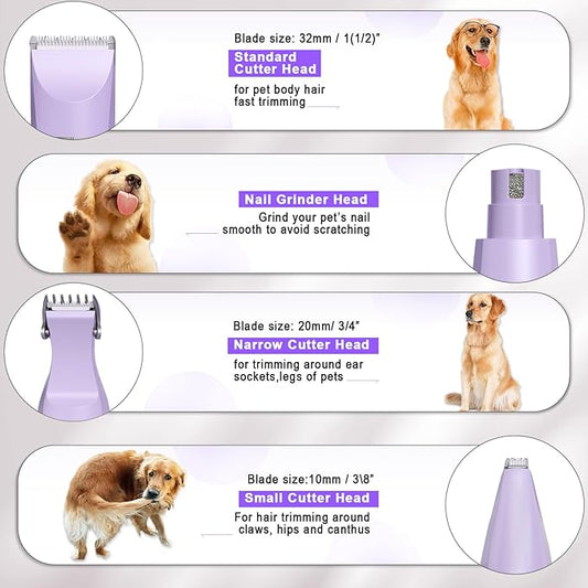Dog Grooming Clippers Kit-Electric Rechargeable Cat Trimmer Tools-Cordless Quiet Pet Nail Paw Grinder-4 in 1 Multifunctional Low Noise Shaver-Razor for feet Face Ears Toenail Eye