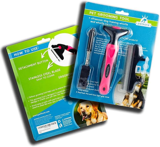 Pet Deshedding Grooming Brush Set for Dogs & Cats, Professional for Short Haired Dog Brush for Shedding and Cats Reduces Undercoat Shedding, Puppy Loose Hair Remover Comb w/Dog Whistle