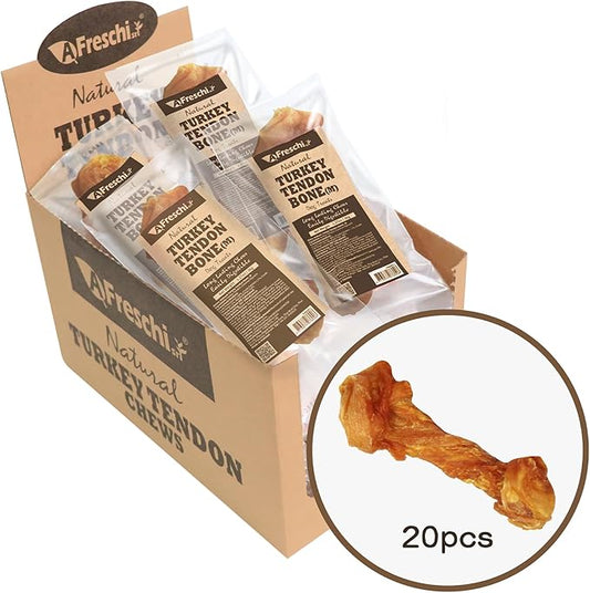 AFreschi Turkey Tendons for Dogs, USA-Sourced, Healthy Dog Treats, Rawhide-Free Puppy Chews, Long Lasting, All Natural, Hypoallergenic Dog Treats for Medium Breeds, 20 Count Box Bone (M)