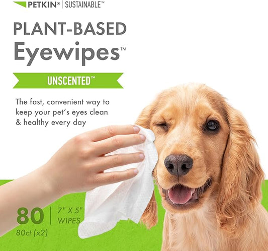 Petkin Plant-Based EyeWipes, 80 Wipes, 2 Pack - Biobased & Sustainable Pet Eye Wipes for Dogs & Cats - Cleans Eye Area, Dirt & Tear Stains - Consciously Cleans & Conditions - Easy to Use - Unscented