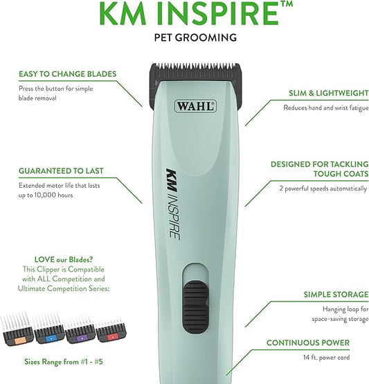 Wahl Pro Animal KM Inspire Grooming Clippers - Powerful Brushless Motor - Professional Grooming Kit - for Dog, Cat & Horse - Corded Dog Groomer - 4 Stainless Steel Guide Combs