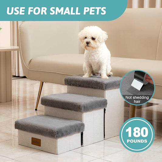 Dog Stair for Small Dogs with Storage, 13.6" H Foldable Pet Step with Soft Leakproof Cover, Older Cat Ramp for Chair Couch Sofa, Lightweight, Comfort, 24.8x13x13.6 inch, 3 Tiers, Grey