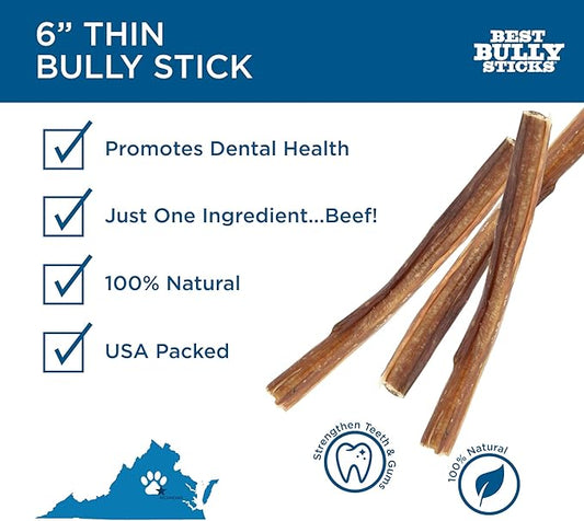 Best Bully Sticks 6 Inch All-Natural Thin Bully Sticks for Dogs - 6” Easily digestible, 100% Grass-Fed Beef, Grain and Rawhide Free | 24 Pack