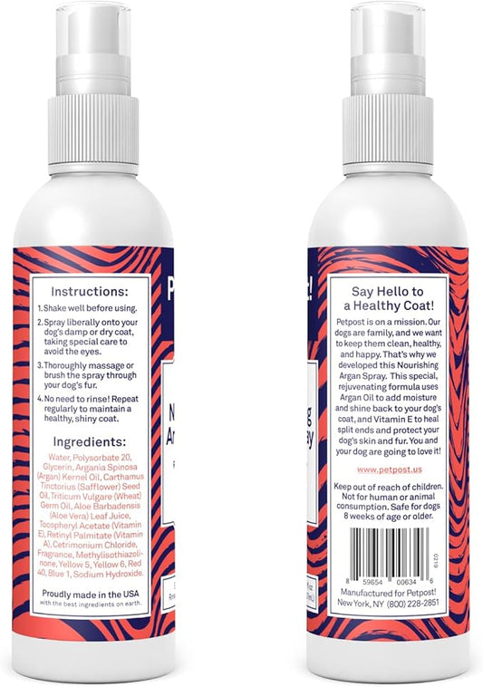 Petpost | Waterless Argan Shampoo Spray for Dogs with Sensitive Skin - Naturally Nourishing Coat Cleaner & Deodorizer for Healthier, Shinier Fur - Rinse Free Formula 8 oz.