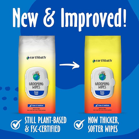 earthbath, Mango Tango Grooming Wipes - Dog Wipes for Paws and Butt, Best Pet Wipes for Dogs & Cats, Made in USA, Cruelty-Free Dog Cleaning Wipes, Removes Dirt & Dander - 100 Count (1 Pack)