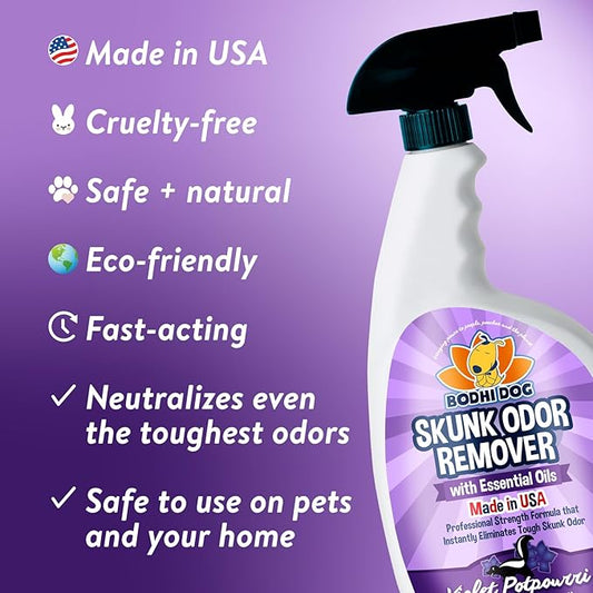 Bodhi Dog Pet Deskunk Spray Odor Eliminator- Skunk Smell Remover with Essential Oils for Dogs, Cats, Furniture, Carpet & Clothing - Safe, Non-Toxic Formula for Lasting Freshness (32 Fl Oz)