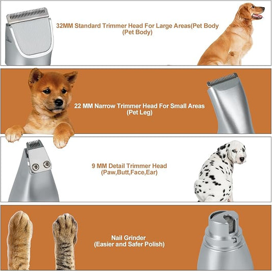 Dog Clippers Grooming Kit Hair Clippers with Nail Grinder Set 4 in 1, Cordless Electric Trimmer- Low Noise Paw Trimmer-USB Rechargeable Quiet Nail Grinder Shaver for Cats and Other Pets (Sliver)