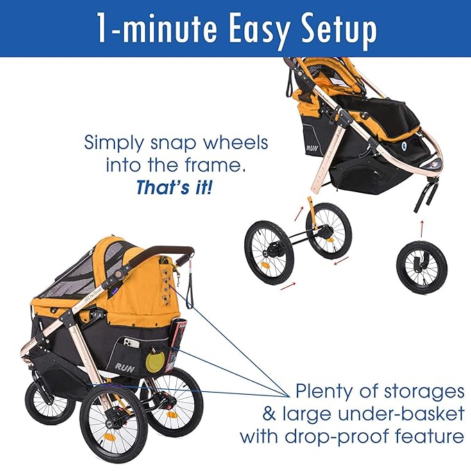 HPZ Pet Rover Run Performance Jogging Sports Stroller with Comfort Rubber Wheels/Zipper-Less Entry/1-Hand Quick Fold/Aluminum Frame for Small/Medium Dogs, Cats and Pets (Speed Yellow)