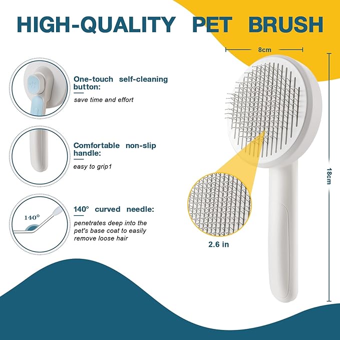New cat brush&dog brush,pet hair brush with Self Cleaning Button Easy to remove loose undercoat,Needle-tip massage beads, no harm to the skin (Grey)