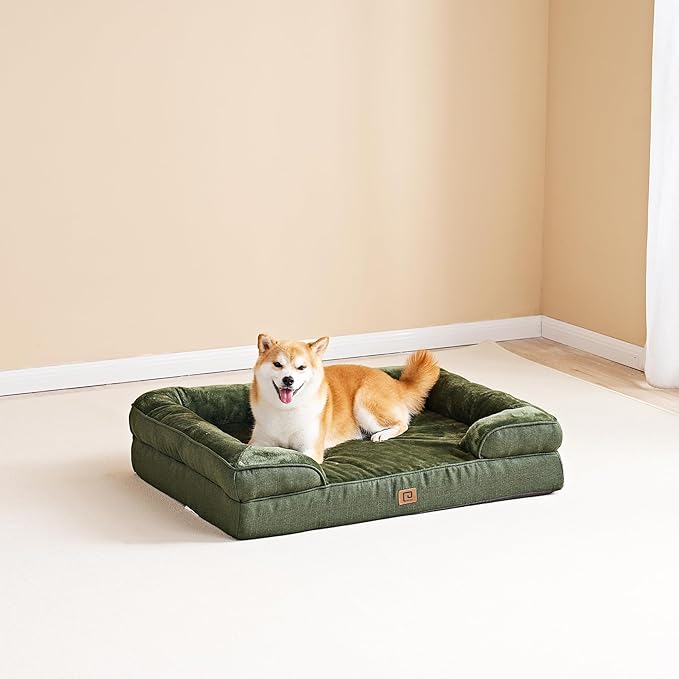 EHEYCIGA Orthopedic Dog Beds for Large Dogs, Waterproof Memory Foam Large Dog Bed with Sides, Non-Slip Bottom and Egg-Crate Foam Large Dog Couch Bed with Washable Removable Cover, Dark Green