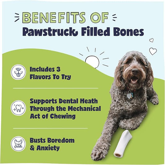Pawstruck Large 5-6” Filled Dog Bones Variety Pack - Peanut Butter, Cheese & Bacon, Beef Flavors - Made in USA Long Lasting Stuffed Femur Treat for Aggressive Chewers - Pack of 3 - Packaging May Vary