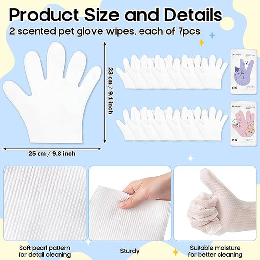Pet Glove Wipes for Dogs - 14Pcs Peach & Bluebell Scented Pet Cleaning Gloves, No Rinse Deodorizing Grooming Wipes for Dogs and Cats Paws Body Butt, Suitable for Daily Care Dry Cleaning Travelling