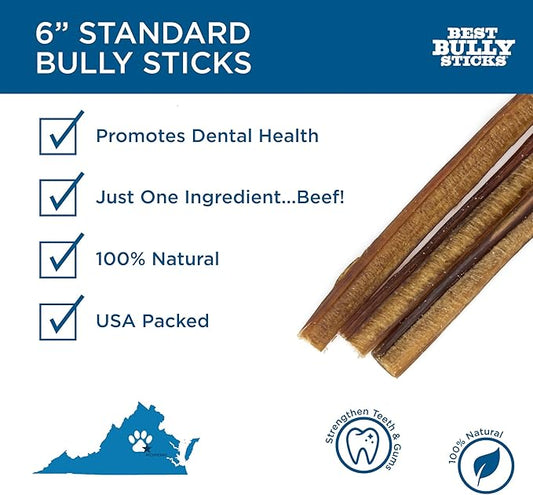 Best Bully Sticks for Dogs, 6 Inch, 8oz Pack - 100% Natural Grass-Fed Beef, Dog Bully Sticks for Medium/Large Dogs, Grain & Rawhide Free Dog Chews