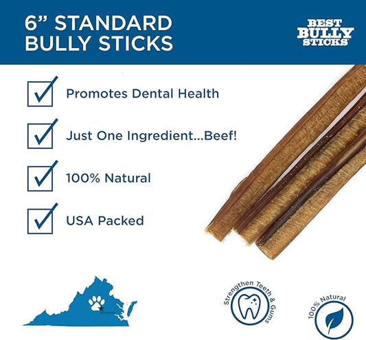 Best Bully Sticks for Dogs, 6 Inch, 8oz Pack - 100% Natural Grass-Fed Beef, Dog Bully Sticks for Medium/Large Dogs, Grain & Rawhide Free Dog Chews