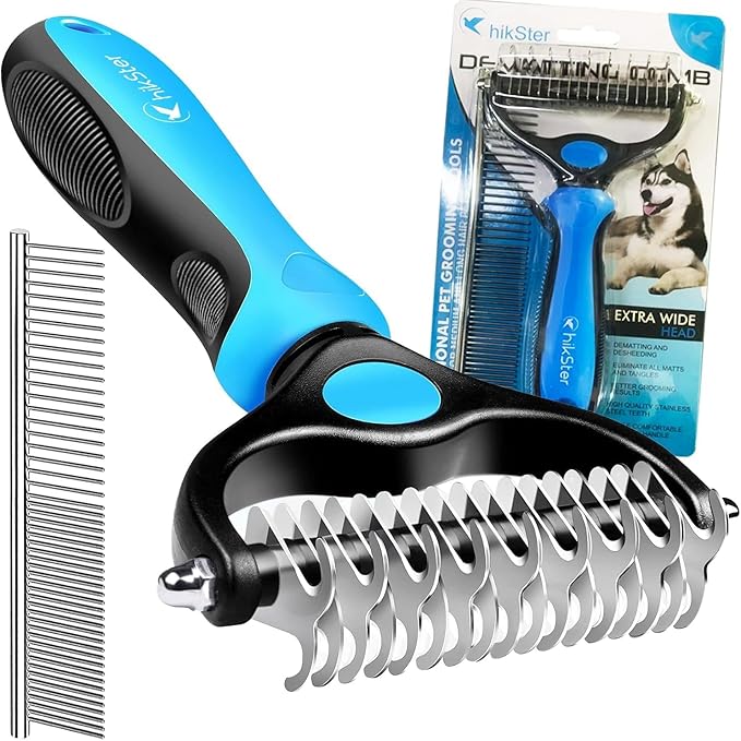 Dematting Comb for Dogs & Cats with Stainless Steel Rake Comb, Double Sided Pet Grooming Tools, Furever Brush, Cat Dematting Tool, Undercoat Rake for Small, Medium & Large Hairs Coat