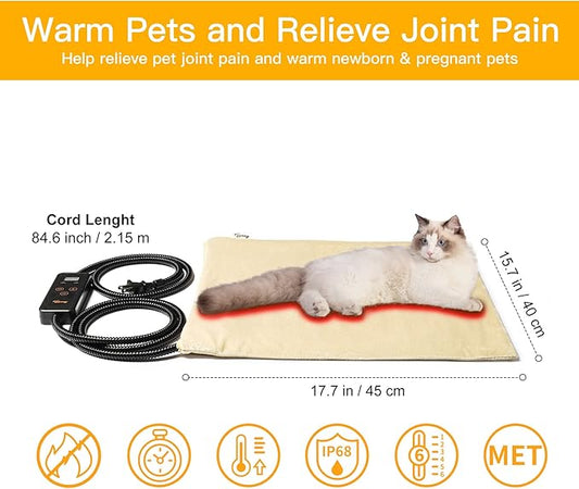 Toozey Pet Heating Pad, 6 Adjustable Temperature Dog Cat Heating Pad with Timer, Indoor Pet Heating Pads for Cats Dogs with Chew Resistant Cord, Electric Pads for Dogs Cats, Pet Heated Mat