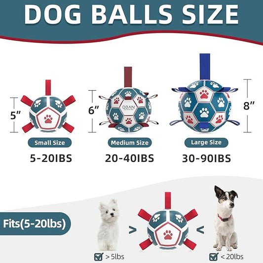 QDAN Dog Toys Soccer Ball with Straps, Outdoor Interactive Dog Toys for Tug of War, Puppy Birthday Gifts, Dog Tug Toy, Dog Water Toy, Durable Dog Balls for Small Dogs - Blue&Red(5 Inch)