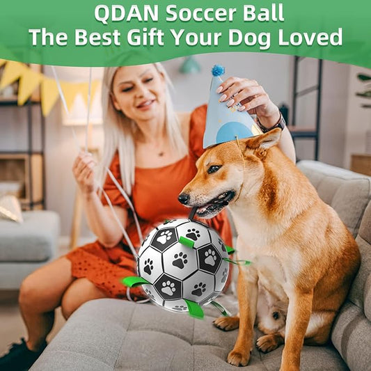 QDAN Dog Soccer Balls Toy with Bell Inside, Outdoor Interactive Dog Toys for Tug of War, Puppy Birthday Gifts, Dog Water Toy, Durable Ropes Squeaky Soccer Dog Ball for Medium and Large Dogs (8 INCH)