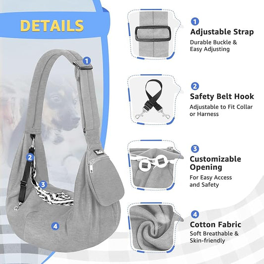 Lukovee Pet Sling, Hand Free Dog Sling Carrier Adjustable Padded Strap Tote Bag, Shoulder Bag with Safety Belt & Front Pocket for Small Dog Cat Puppy (Grey-WY,S)