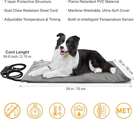 Toozey Pet Heating Pad, 6 Adjustable Temperature Dog Cat Heating Pad with Timer, Waterproof Heated Dog Bed for Dogs with Chew Resistant Cord, Indoor Heating Pad for Dogs Cats, Pet Heated Mat 28x20in