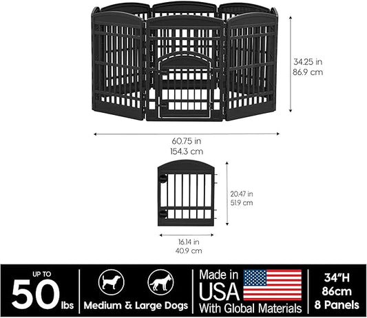 34" 8-Panel Pet Playpen with Door, Medium Large Dog Secure Easy Assemble Easy Storing Customizable + 34''H 2 Add on Panels, Heavy-Duty Molded Plastic Rust-Free Non-Skid Rubber Feet, Black