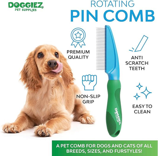 Rotating Pin Detangling Comb for Dogs & Cats - Detangler Grooming Tool Dematting Comb - Stainless Steel Metal Teeth Matted Fur, Knots, Tangles and Undercoat Shedding