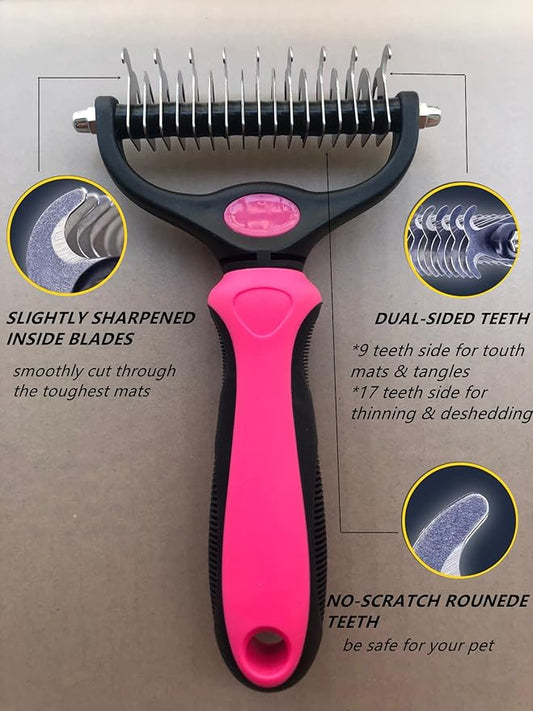 Pet Grooming Brush & Nail Clippers Trimmers - Double Sided Shedding and Dematting Undercoat Rake Comb for Dogs and Cats - Safe Dematting Comb for Easy Mats & Tangles Removing (Pink), Large