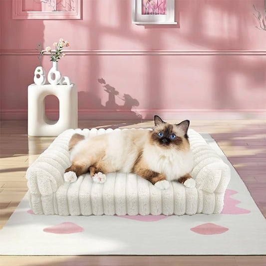 Thick Orthopedic Cat Sofa, Waterproof Supportive Foam Small Dog Sofa Bed with Washable Cover, Faux Fur Comfy Bolster Couch Pet Beds with Nonskid Bottom (Beige, 24"x18")