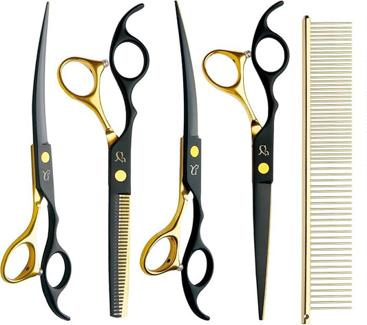 Dog Grooming Scissors,Paint Coated Curved Scissors Thinning Scissors with Safety Round Tips, Sharp and Durable 5 in 1 Dog Scissors for Grooming