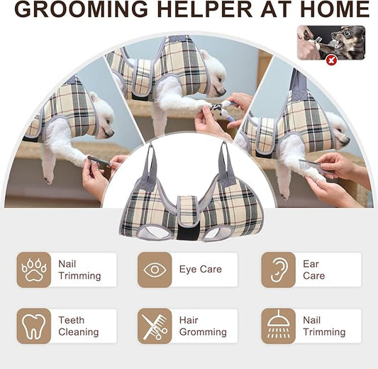 BEAUTYZOO Dog Grooming Hammock for Small Dogs Cat- Dog Sling for Nail Trimming/Clipping- Dog Hanging Harness Holder with Thick Fabric Neck Support & Strap Restraint Claw Care, Beige S