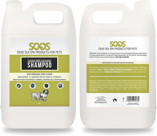 Soos Pet Classic Deep Cleansing Shampoo for Dogs and Cats Natural Dead Sea Minerals Fast Absorbing Coat with Vitamins Essential Oils Natural Ingredients - 1x (4L Gallon)