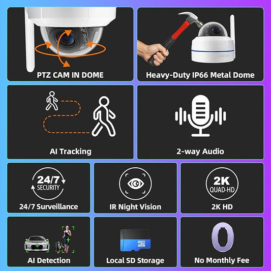 xmartO [AI Tracking Dome CAM 2K HD Metal Dome PTZ Wireless Security Camera with Automatic Tracking, 2-Way Audio and Night Vision (Standalone WiFi Camera, DPM3034 4-Pack)