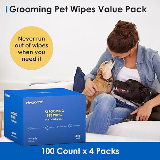 Pet Grooming Wipes for Dogs & Cats, 400 Count, 8"x8" Ultra Thick & Soft, Unscented, Hypoallergenic Formula, Safe on Coat, Paws, Ears, Bum & Sensitive Skin