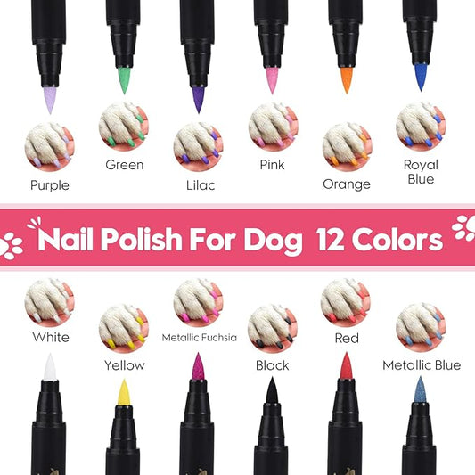 MSDADA 12-Color Quick-Dry Dog Nail Polish Kit Safe Polish Pens for Puppy Nail Art & Paw Care Easy-Apply, Odorless Formula for Dogs & Cats, for Pet Lovers