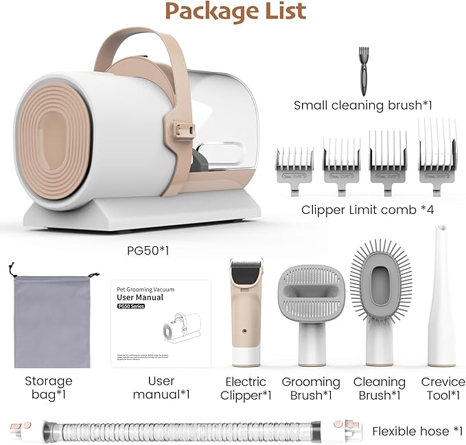 Dog Grooming Vacuum, Pet Grooming Kit with Dog Clippers, 2.5L Dust Cup 11000Pa Dogs Vacuum for Shedding Grooming, 5 Grooming Tools Home Cleaning in 1, Low Noise Pet Grooming Vacuum for Dogs, PG50