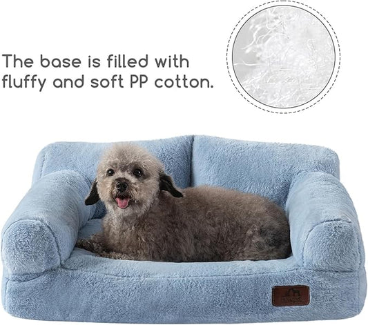 Hollypet Fluffy Plush Pet Cat Couch Soft Calming Pet Sofa Beds for Medium Small Cats and Dogs, Sky Blue
