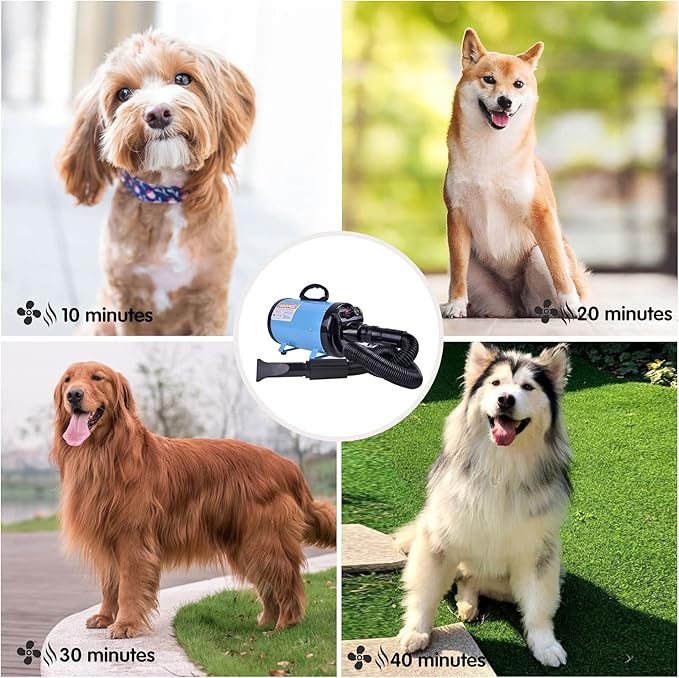 Dog Dryer, High Velocity Dog Hair Dryer, Dog Blow Dryer - Groomer Partner Pet Blower Grooming Force Dryer with Heater, Stepless Adjustable Speed, 4 Different Nozzles, Comb & Pet Grooming Glove (Blue)